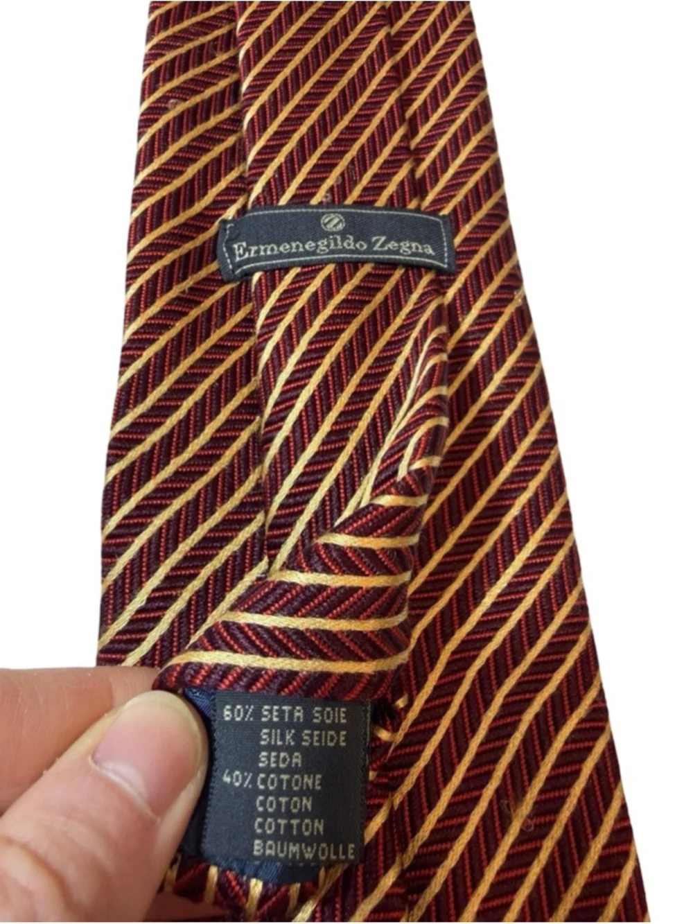 Ermenegildo Zegna Silk Cotton Tie Burgundy Gold Stripe Italy Luxury